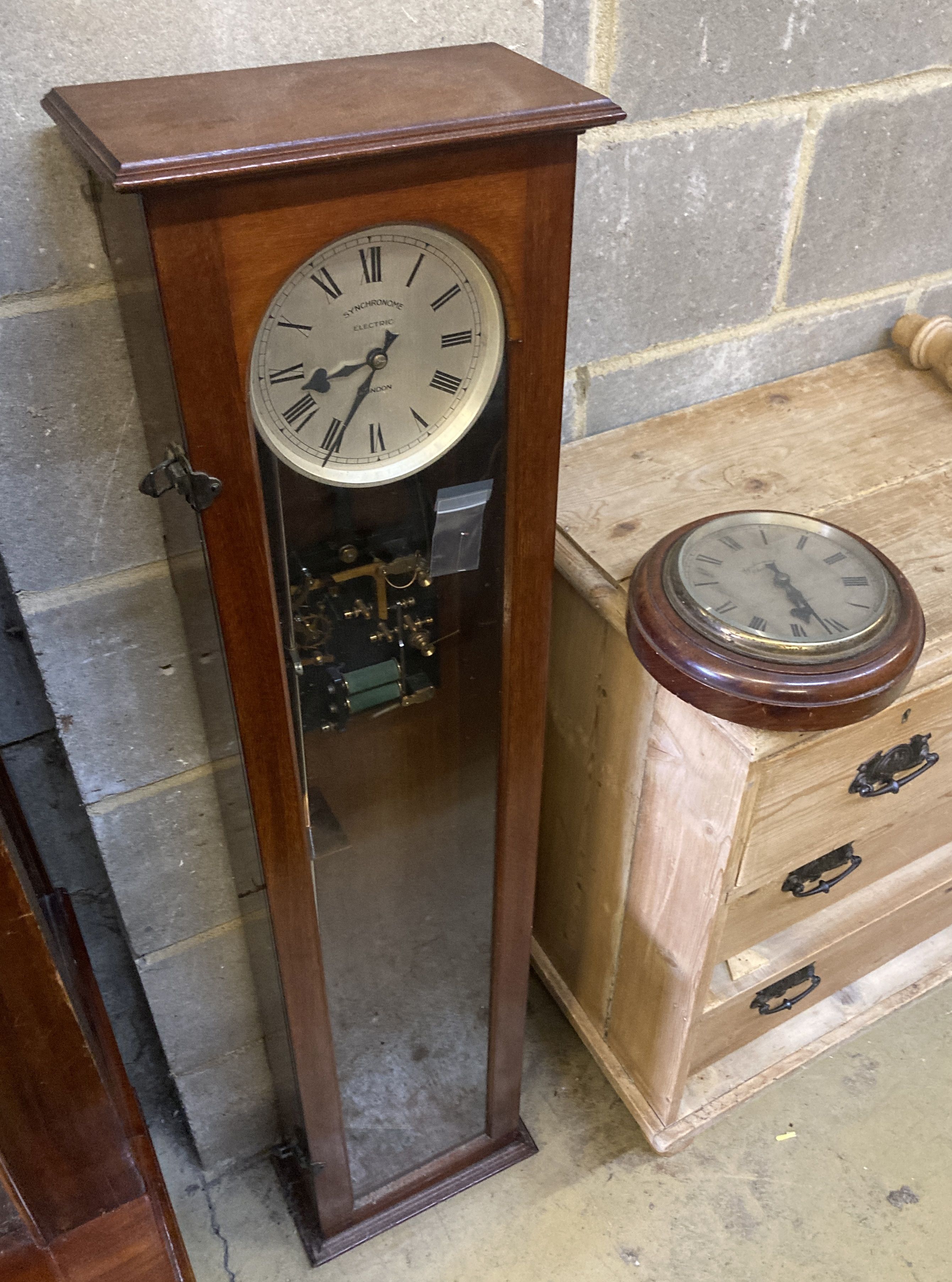 A Synchronome electric mahogany cased pendulum master clock, height 127cm together with a slave dial